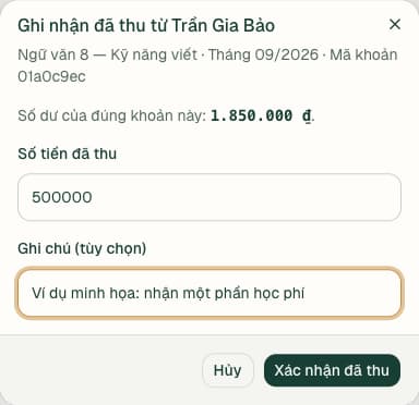 Ví dụ ghi nhận 500.000 đồng cho một khoản học phí còn thiếu