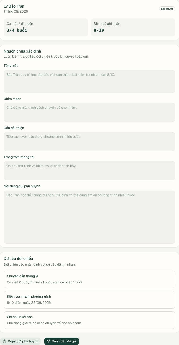 Báo cáo tháng minh họa có nhận xét đã duyệt và nút copy gửi phụ huynh