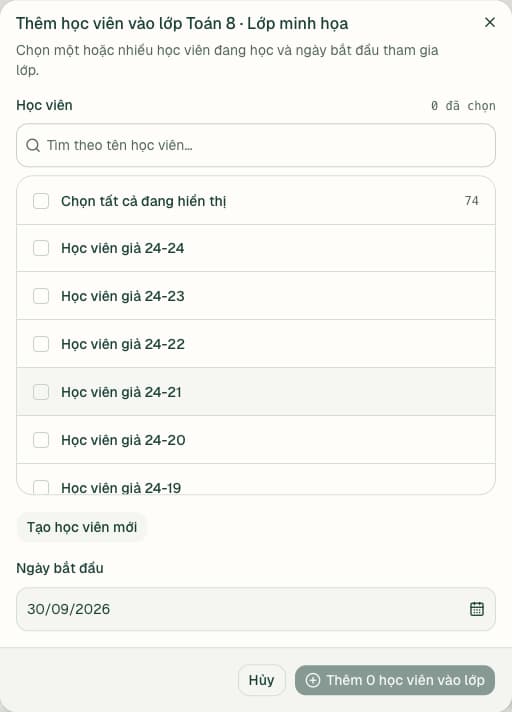 Hộp thoại thêm học viên vào lớp với ô tìm kiếm, danh sách chọn và ngày bắt đầu