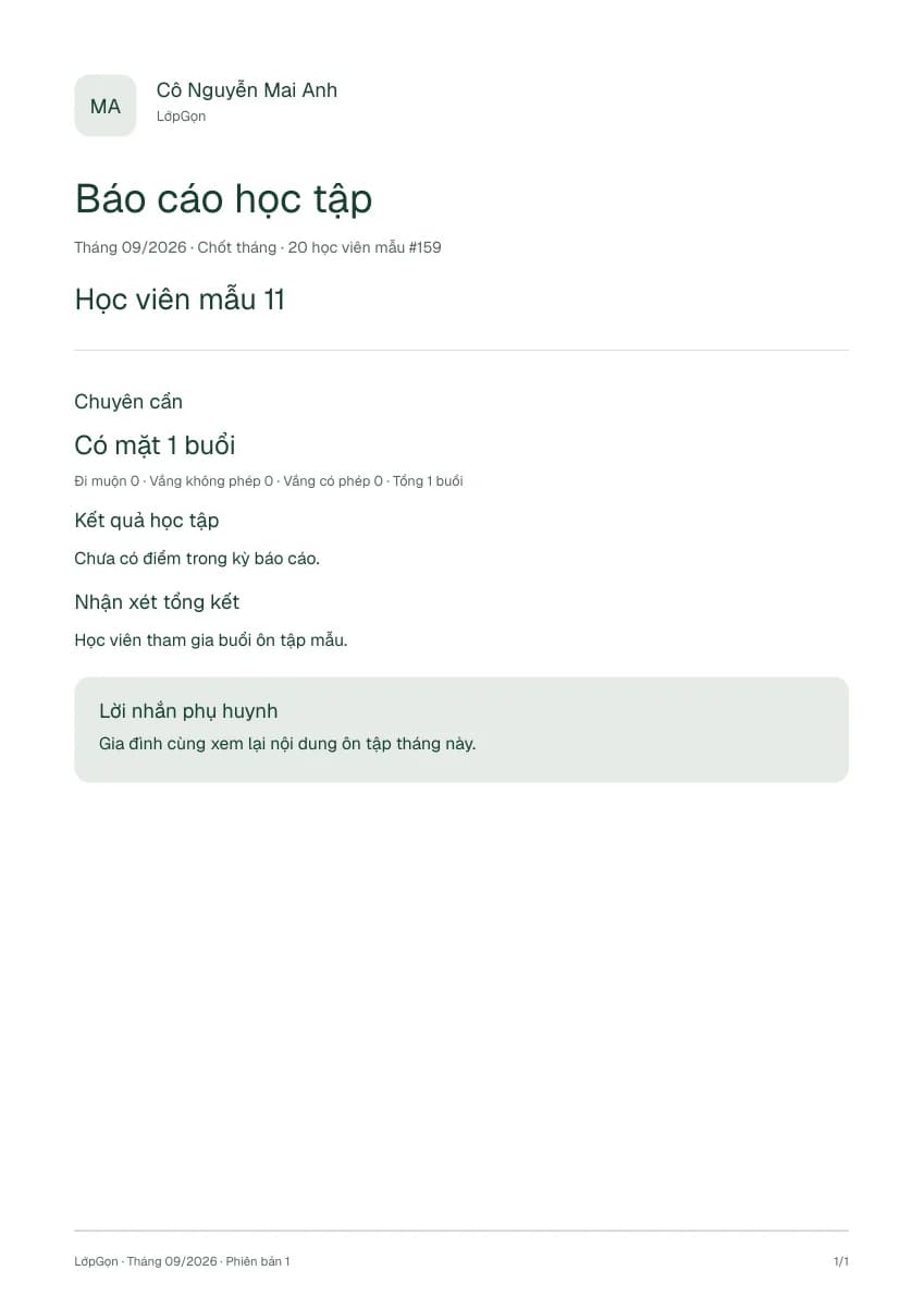 Báo cáo học tập PDF mẫu đã duyệt với chuyên cần, nhận xét và lời nhắn phụ huynh