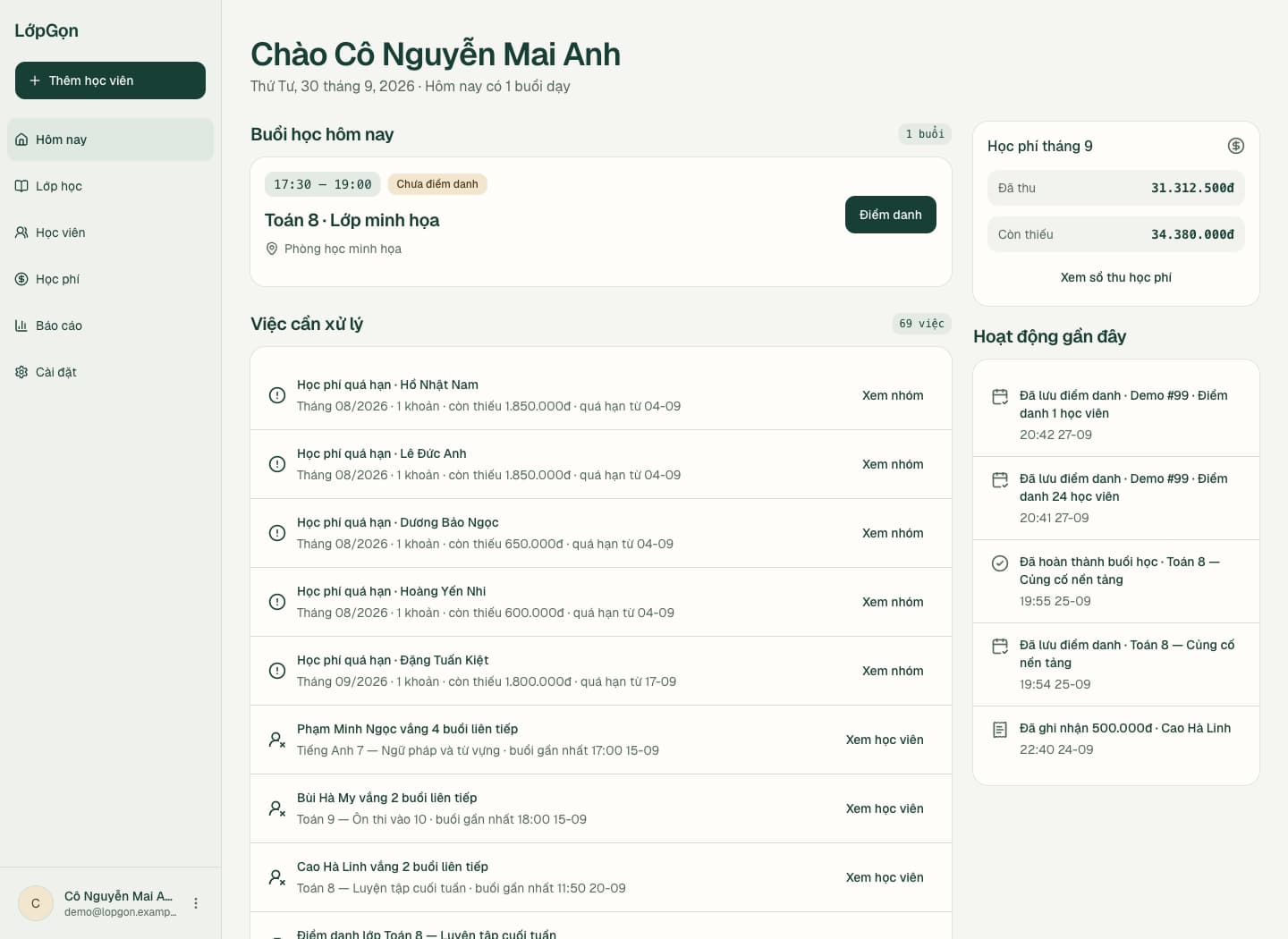 Màn hình Hôm nay của LớpGọn với lịch dạy và việc cần xử lý của giáo viên demo