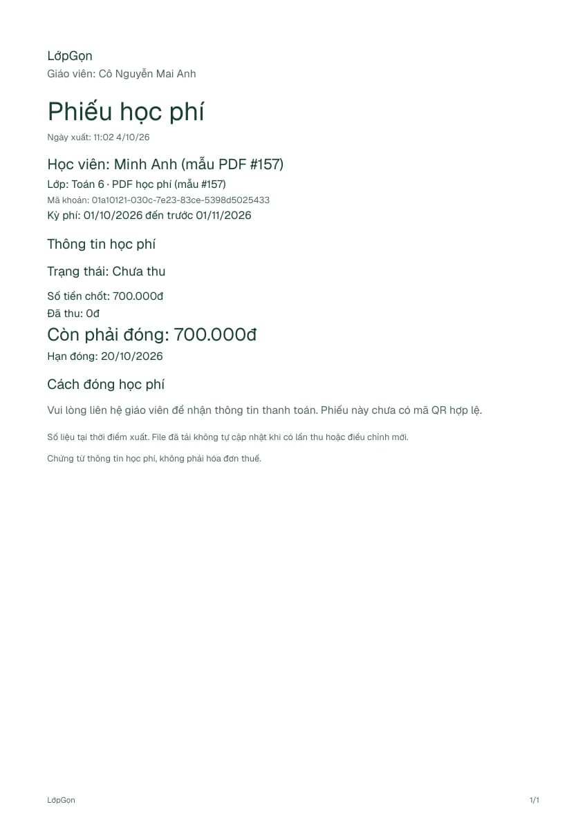 Phiếu học phí PDF mẫu: số tiền chốt 700.000đ, chưa thu, còn phải đóng 700.000đ